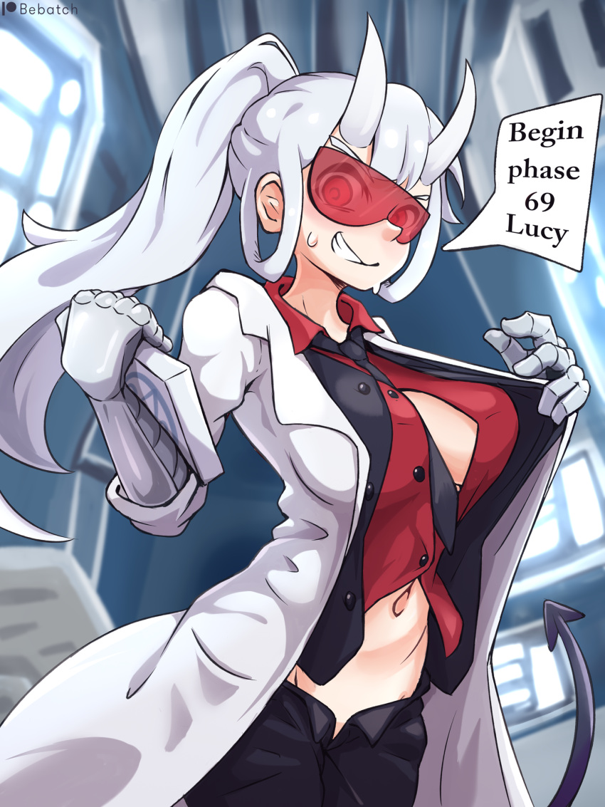 1girl artist_name bangs bebatch between_breasts black_neckwear black_pants black_vest blurry blurry_background breasts commentary_request cowboy_shot demon_girl demon_tail english_text formal grin helltaker highres holding horns labcoat large_breasts long_hair long_sleeves looking_at_viewer loremaster_(helltaker) mixed-language_commentary navel necktie necktie_between_breasts open_clothes open_pants open_vest pants ponytail red_shirt shirt short_hair smile solo speech_bubble standing suit sweatdrop tail tied_hair unbuttoned vest white_hair