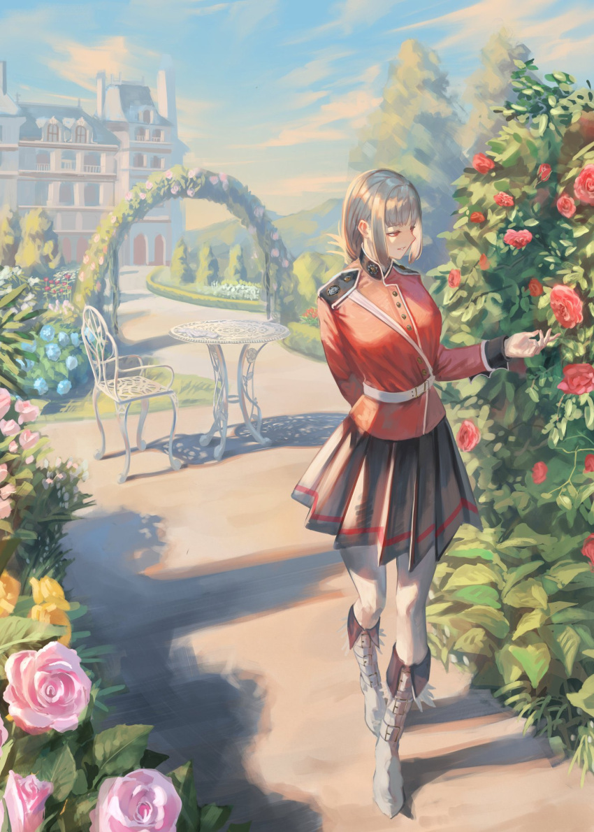 1girl alternate_hairstyle arch arm_behind_back bare_legs between_breasts black_skirt blue_flower blue_rose blue_sky boots breasts building buttons castle chair clouds cloudy_sky commentary eyelashes fate/grand_order fate_(series) florence_nightingale_(fate) flower full_body gloves hair_up hand_up highres jacket long_sleeves looking_to_the_side makitoshi0316 medium_breasts military military_uniform outdoors pink_flower pink_rose pleated_skirt red_eyes red_flower red_jacket red_rose rose rose_bush shadow skirt sky smile solo strap strap_between_breasts table thigh-highs thigh_boots uniform white_footwear white_gloves white_hair yellow_flower yellow_rose
