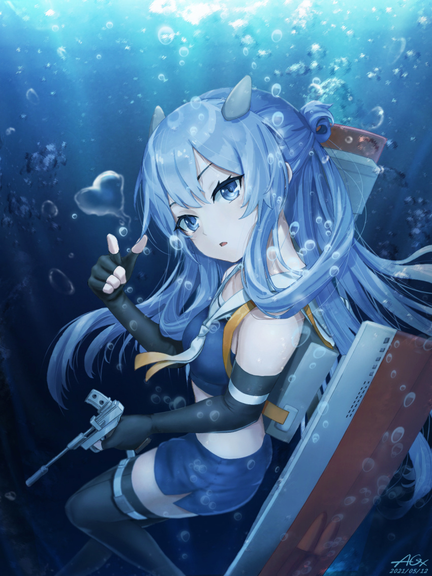 1girl alexzhang blue_eyes breasts bubble cowboy_shot crop_top elbow_gloves fingerless_gloves gloves gun handgun headgear highres i-203_(kancolle) kantai_collection light_blue_hair long_hair looking_at_viewer machinery pistol pointing sailor_collar small_breasts swimsuit thigh-highs thigh_strap underwater weapon
