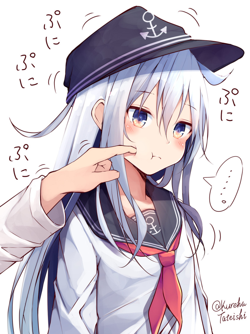 1girl 1other anchor_symbol black_sailor_collar blue_eyes cheek_poking flat_cap hamayuu_(litore) hat hibiki_(kancolle) highres kantai_collection long_hair neckerchief poking sailor_collar school_uniform serafuku silver_hair simple_background twitter_username upper_body white_background