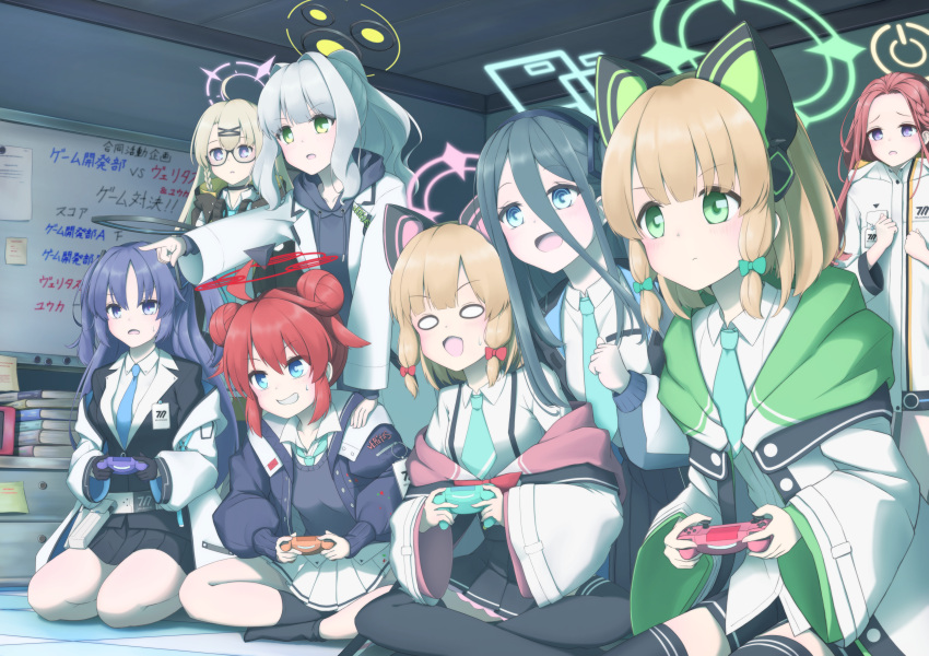6+girls absurdres arisu_(blue_archive) blue_archive controller double_bun game_controller hair_between_eyes hair_ribbon halo highres jacket long_hair maki_(blue_archive) messiah_&amp;_crea midori_(blue_archive) momoi_(blue_archive) multiple_girls necktie night open_mouth playing_games pointing ponytail ribbon school_uniform short_hair side_ponytail sidelocks twintails two_side_up yuuka_(blue_archive) yuzu_(blue_archive)
