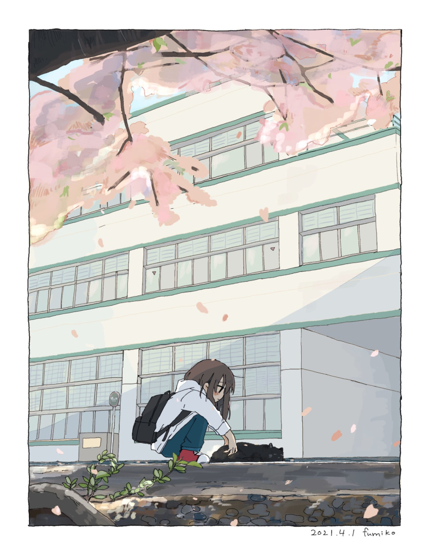 156m 1girl ahoge artist_name backpack bag black_bag black_border black_cat blush border brown_hair cat cherry_blossoms closed_mouth commentary_request dated day denim falling_petals highres hood hoodie jeans leaf long_hair long_sleeves looking_at_animal no_sclera original outdoors pants petals red_footwear roots school smile solo squatting white_hoodie wide_shot