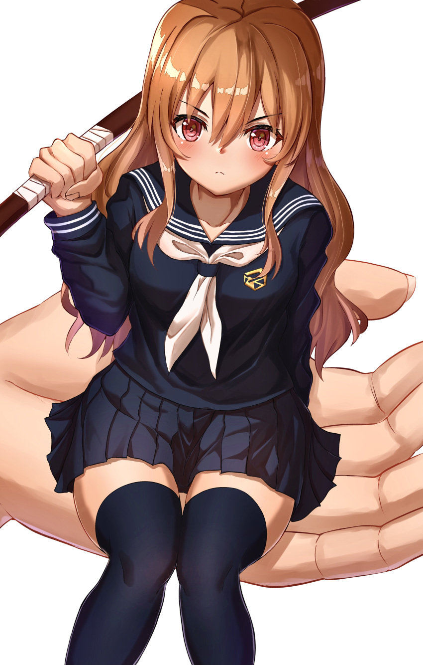 1girl absurdres aisaka_taiga black_legwear black_serafuku black_shirt black_skirt bokken brown_eyes brown_hair highres long_hair long_sleeves minigirl miniskirt pleated_skirt school_uniform serafuku shirt sidelocks sitting_on_hand skirt solo_focus sword thigh-highs toradora! toukan uniform weapon wooden_sword