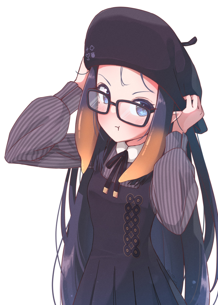 1girl :t arms_up beret black-framed_eyewear black_dress black_hair black_headwear black_ribbon blue_eyes blush brown_hair closed_mouth collared_shirt commentary dress forehead glasses gradient_hair hands_on_headwear hat highres hololive hololive_english long_hair long_sleeves looking_at_viewer multicolored_hair neck_ribbon ninomae_ina'nis official_alternate_costume pleated_dress pout puffy_long_sleeves puffy_sleeves renpc ribbon shirt simple_background sleeveless sleeveless_dress solo striped striped_shirt vertical-striped_shirt vertical_stripes very_long_hair virtual_youtuber white_background