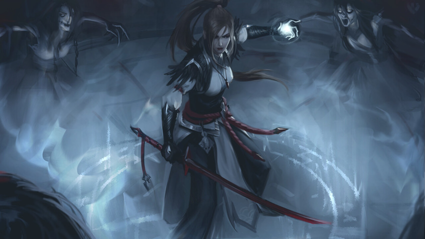 1girl akane_sgail black_gloves brown_eyes brown_hair facing_viewer feather_trim gloves holding holding_sword holding_weapon jewelry katana lips long_hair magic_circle monster original pendant ponytail raikoart rope_belt solo_focus standing sword weapon