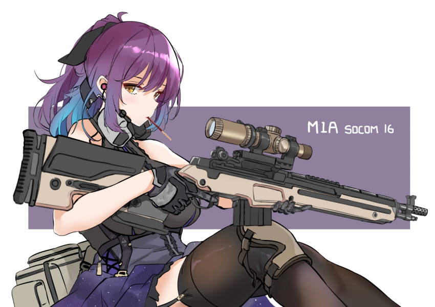 1girl bangs black_legwear brown_eyes fatkewell food garter_straps gloves gun holding holding_gun holding_weapon knee_pads long_hair mouth_hold original pocky ponytail purple_hair rifle scope sitting solo thigh-highs trigger_discipline weapon