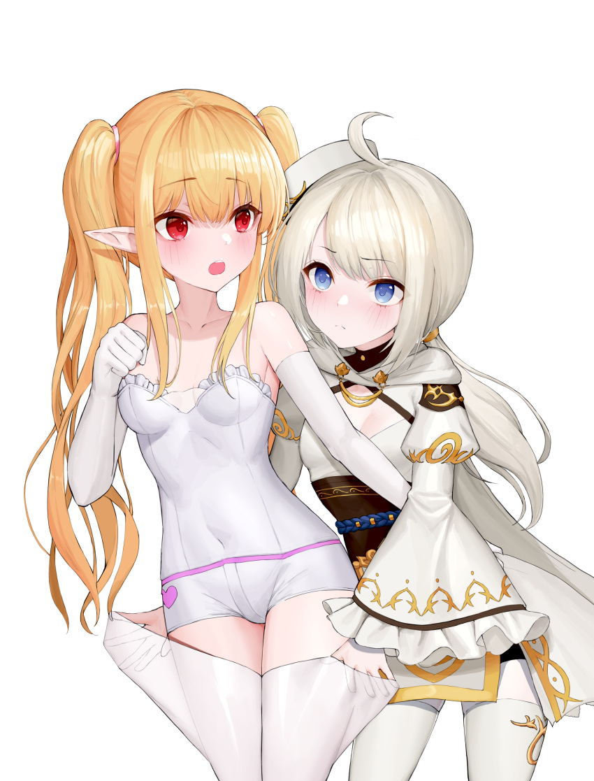2girls absurdres ahoge bangs bare_shoulders blonde_hair blue_eyes blush bodysuit breasts character_request closed_mouth commentary commission dress dungeon_and_fighter elbow_gloves english_commentary eye_contact eyebrows_visible_through_hair frilled_sleeves frills gloves hair_between_eyes hand_up highres juliet_sleeves long_hair long_sleeves looking_at_another multiple_girls open_mouth pointy_ears puffy_sleeves red_eyes sidelocks silver_hair simple_background small_breasts thigh-highs twintails upper_teeth very_long_hair white_background white_bodysuit white_dress white_gloves white_legwear wide_sleeves yjs0803123