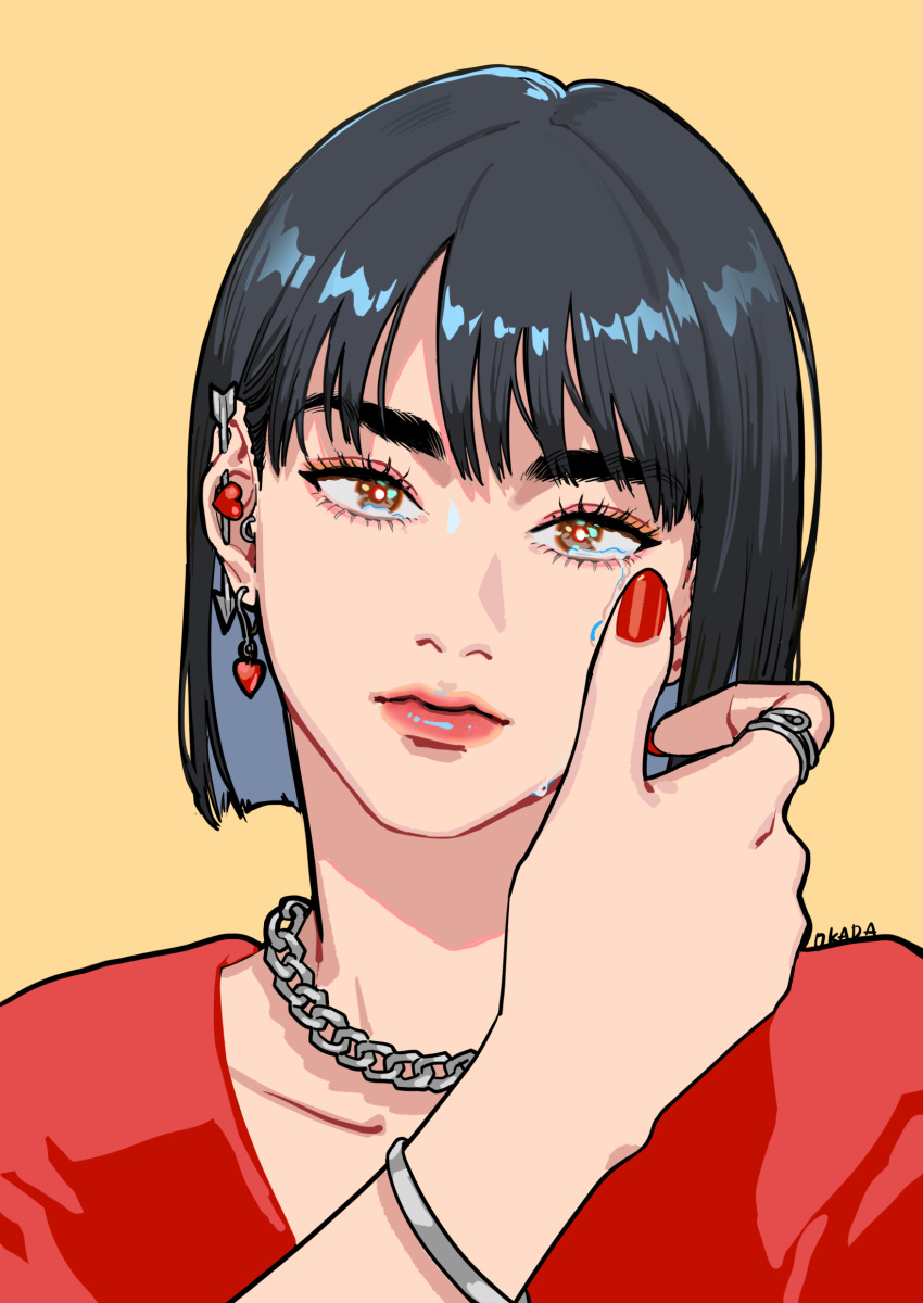 1girl absurdres bangs black_hair chain earrings hand_up highres jewelry necklace okada_(hoooojicha) original red_nails red_shirt ring shirt short_hair simple_background solo tears yellow_background