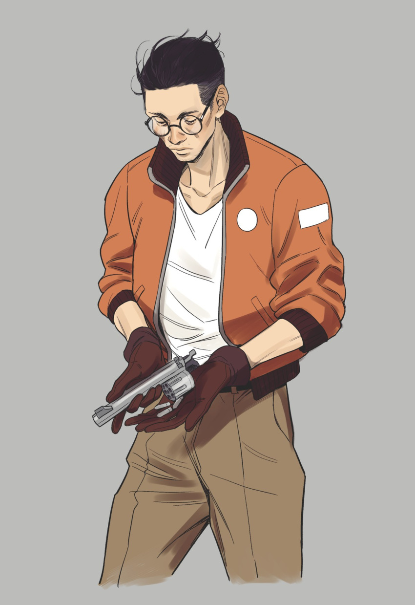 1boy black_hair bomber_jacket bullet cheetahman_(1ddghfr78cswc) disco_elysium glasses gloves grey_background gun hair_slicked_back highres jacket kim_kitsuragi looking_down male_focus pants round_eyewear shirt short_hair simple_background solo standing undercut v-neck weapon white_shirt