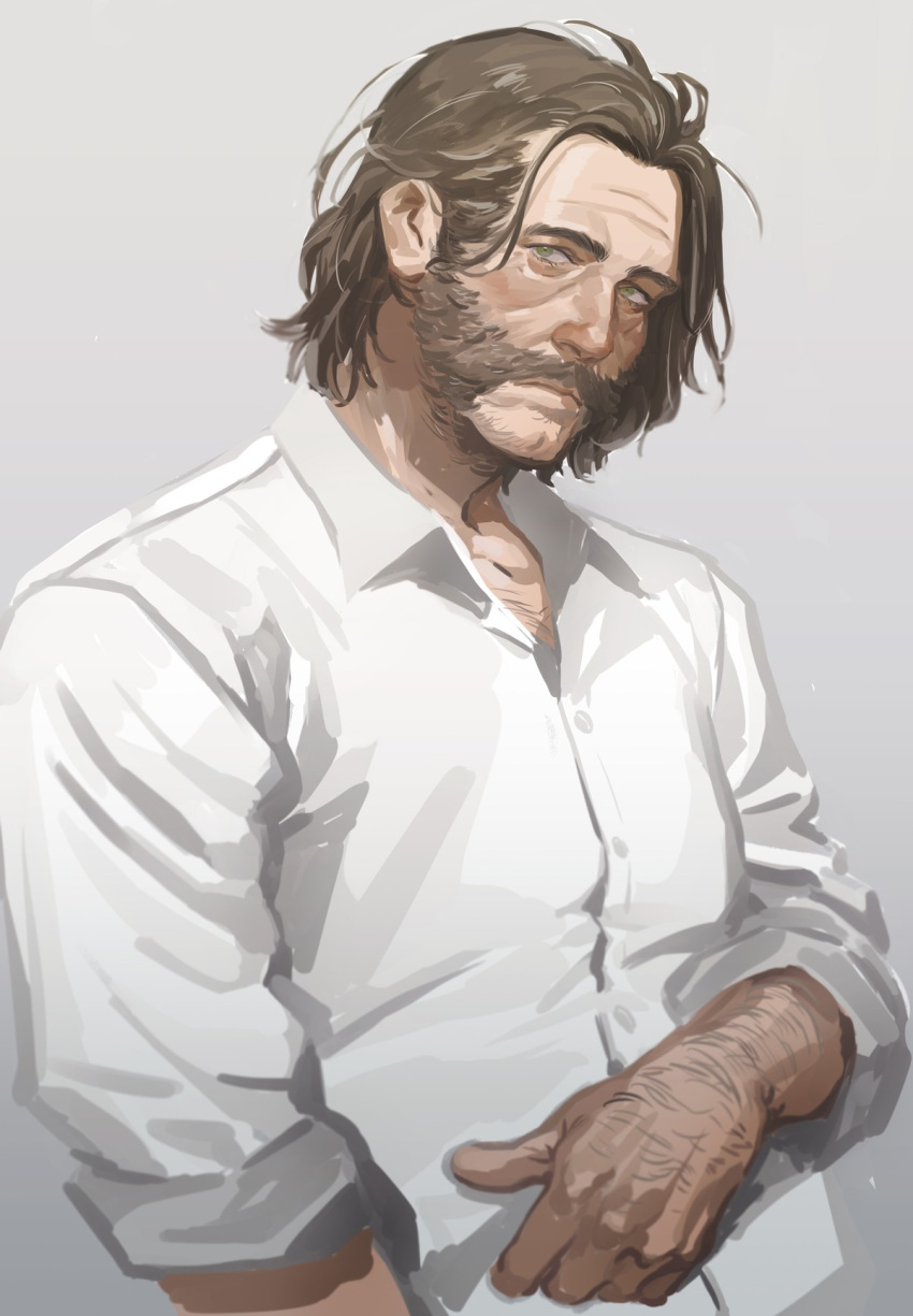 1boy arm_hair beard brown_hair cheetahman_(1ddghfr78cswc) disco_elysium expressionless facial_hair green_eyes harry_du_bois highres male_focus medium_hair mustache mutton_chops shirt simple_background solo white_shirt