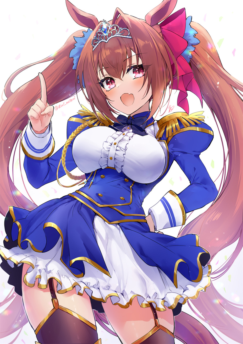 1girl animal_ears bangs black_legwear blue_dress blush breasts brown_hair center_frills daiwa_scarlet_(umamusume) dress epaulettes fang frills garter_straps hair_intakes highres horse_ears horse_girl horse_tail index_finger_raised juliet_sleeves large_breasts layered_skirt long_hair long_sleeves looking_at_viewer matori_(penguin_batake) open_mouth puffy_sleeves red_eyes skin_fang skirt smile tail thigh-highs tiara twintails umamusume underbust very_long_hair white_skirt