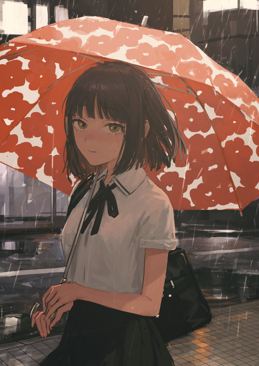 1girl absurdres bag black_neckwear black_skirt blouse brown_eyes brown_hair building closed_mouth collared_blouse crying floral_print flower hands_up highres holding holding_umbrella k1llg light_smile looking_at_viewer neck_ribbon original outdoors pleated_skirt rain red_flower ribbon road school_bag school_uniform short_hair short_sleeves skirt solo street tile_floor tiles umbrella upper_body white_blouse