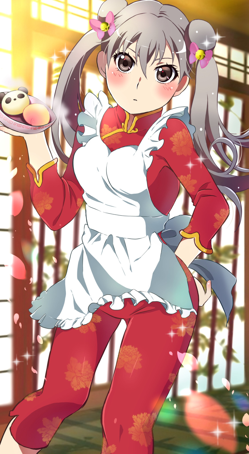 1girl absurdres apron blush chinese_clothes double_bun food grey_eyes grey_hair highres holding holding_food holding_plate mashimaro_tabetai monogatari_(series) oikura_sodachi plate solo twintails waitress