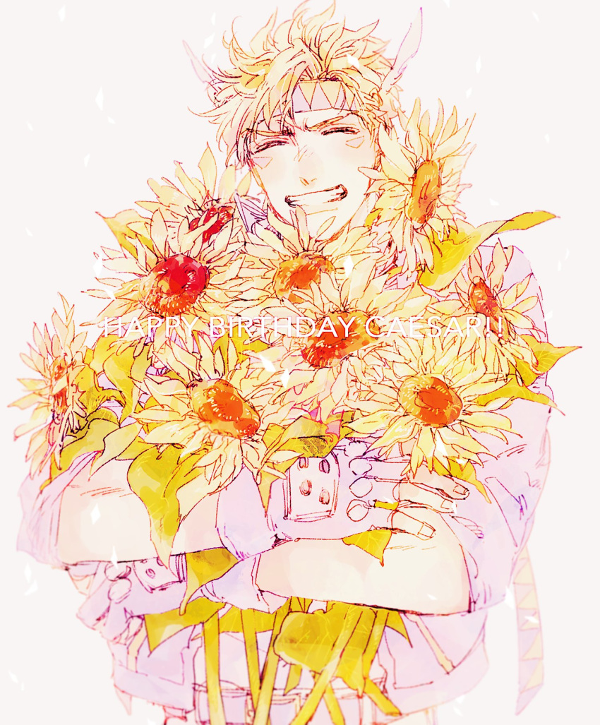 1boy battle_tendency birthday blonde_hair blue_gloves caesar_anthonio_zeppeli character_name closed_eyes commentary_request edamame_dosukoi facial_mark facing_viewer feathers fingerless_gloves flower gloves grin hair_feathers happy happy_birthday headband highres holding holding_flower jojo_no_kimyou_na_bouken male_focus short_hair smile solo sunflower triangle_print upper_body yellow_flower