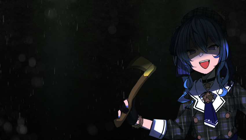 1girl axe black_gloves black_jacket blue_eyes blue_hair blue_nails blue_neckwear bracelet commentary_request dark gloves golden_axe_(weapon) holding holding_axe hololive hoshimachi_suisei jacket jewelry long_hair long_sleeves looking_at_viewer necktie open_mouth partially_fingerless_gloves plaid_jacket shaded_face smile solo tenbin_gashira upper_body virtual_youtuber