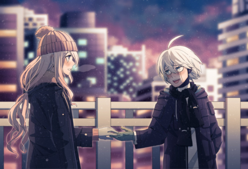 1boy 1girl :d ahoge alternate_costume android black_coat black_scarf blonde_hair blue_eyes blurry blush breath brown_headwear cheer_(cheerkitty14) city coat dangan_ronpa_(series) dangan_ronpa_v3:_killing_harmony english_commentary fur-trimmed_coat fur_trim gloves grin highres holding_hands iruma_miu keebo long_hair long_sleeves looking_at_another night open_clothes open_coat open_mouth scarf short_hair smile snowing upper_teeth winter winter_clothes winter_coat