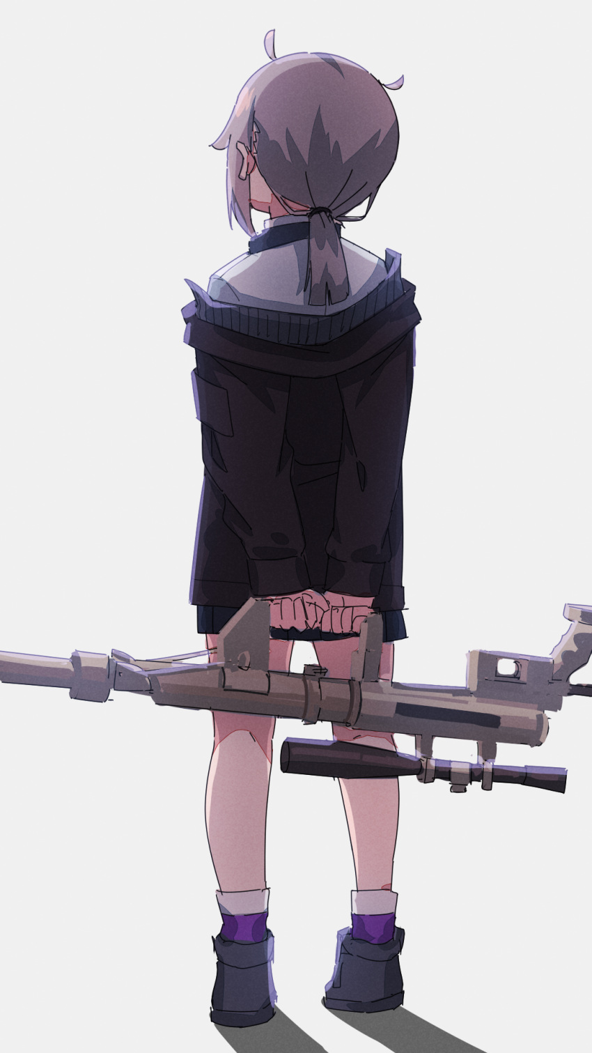 1girl arms_behind_back black_footwear black_jacket bolt_action brown_hair cheytac_m200 commentary facing_away from_behind full_body girls_frontline grey_background gun highres holding holding_gun holding_weapon jacket kuro_kosyou long_hair long_sleeves low_ponytail m200_(girls_frontline) object_namesake off_shoulder ponytail purple_legwear rifle shadow shirt shoes sleeves_past_wrists sniper_rifle socks solo weapon white_shirt