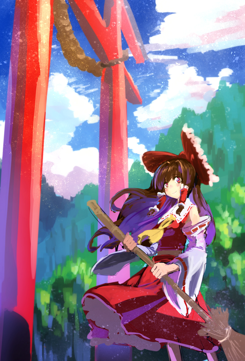 1girl ascot bangs bow broom brown_hair clouds cloudy_sky detached_sleeves frilled_bow frills hair_bow hair_tubes hakurei_reimu highres holding holding_broom japanese_clothes long_hair miko mountainous_horizon multicolored_hair no_lineart red_bow red_eyes ribbon-trimmed_sleeves ribbon_trim shiya sidelocks skirt skirt_set sky solo standing torii touhou two-tone_hair wide_sleeves wind wind_lift yellow_neckwear