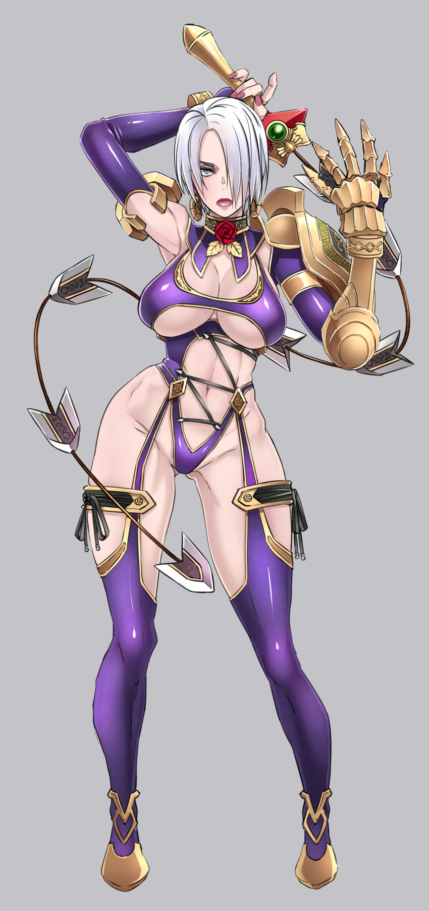 1girl absurdres armor boots breasts butcha-u closed_mouth detached_collar earrings female full_body gauntlets gloves green_eyes grey_background hair_over_one_eye highres holding holding_weapon isabella_valentine jewelry large_breasts leotard lipstick looking_at_viewer makeup purple_hair purple_leotard revealing_clothes short_hair shoulder_pads simple_background solo soulcalibur soulcalibur_iv standing thigh-highs thong_leotard under_boob underwear weapon whip_sword white_hair