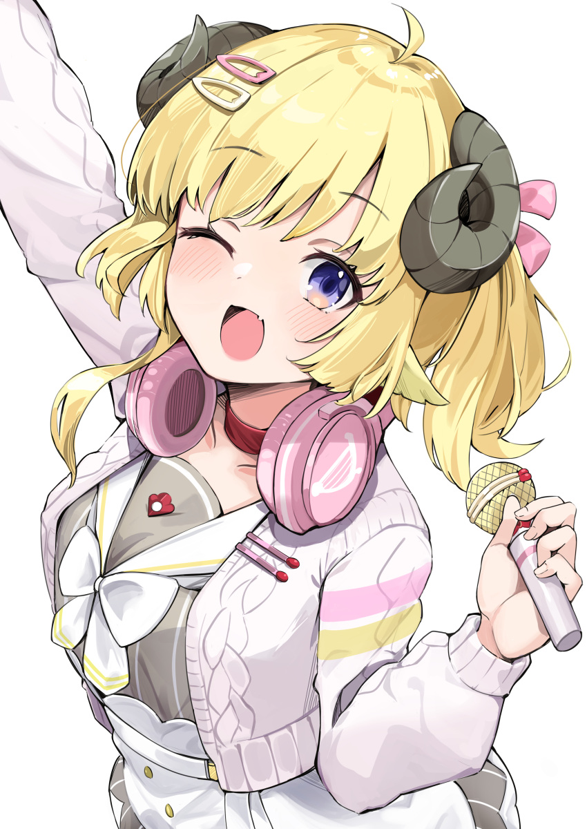 1girl absurdres ahoge anbasa_(amaneyuz13) animal_ears apron aran_sweater arm_up asymmetrical_hair belt blonde_hair blush bow bowtie breasts cardigan choker commentary dress eyebrows_visible_through_hair fang grey_dress hair_ornament hair_ribbon hairclip headphones headphones_around_neck highres holding holding_microphone hololive horns long_hair looking_at_viewer medium_breasts microphone official_alternate_costume one_eye_closed open_cardigan open_clothes open_mouth pink_ribbon red_choker ribbon sailor_collar sheep_ears sheep_horns side_ponytail simple_background skin_fang smile solo striped sweater tsunomaki_watame upper_body vertical_stripes violet_eyes virtual_youtuber waist_apron white_background white_belt white_bow white_cardigan white_neckwear
