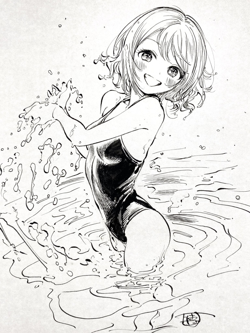 1girl bare_arms blush breasts cowboy_shot greyscale hands_up highres hiro_(dismaless) looking_at_viewer looking_to_the_side love_live! love_live!_sunshine!! medium_hair monochrome open_mouth partially_submerged scan school_swimsuit signature small_breasts smile solo splashing swimsuit traditional_media watanabe_you