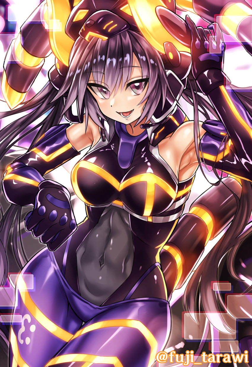 1girl :d abstract_background arm_up armpits bangs bare_shoulders black_gloves black_hair black_leotard breasts cat_mask cat_tail clothing_cutout commentary covered_navel cowboy_shot duel_monster earpiece elbow_gloves eyebrows_visible_through_hair fake_tail fuji_tarawi gloves hair_between_eyes headgear highres i:p_masquerena large_breasts leotard long_hair looking_at_viewer lower_teeth navel_cutout official_alternate_costume open_mouth pants purple_pants sidelocks smile solo standing tail tight tight_pants toned twintails twitter_username very_long_hair violet_eyes yu-gi-oh!
