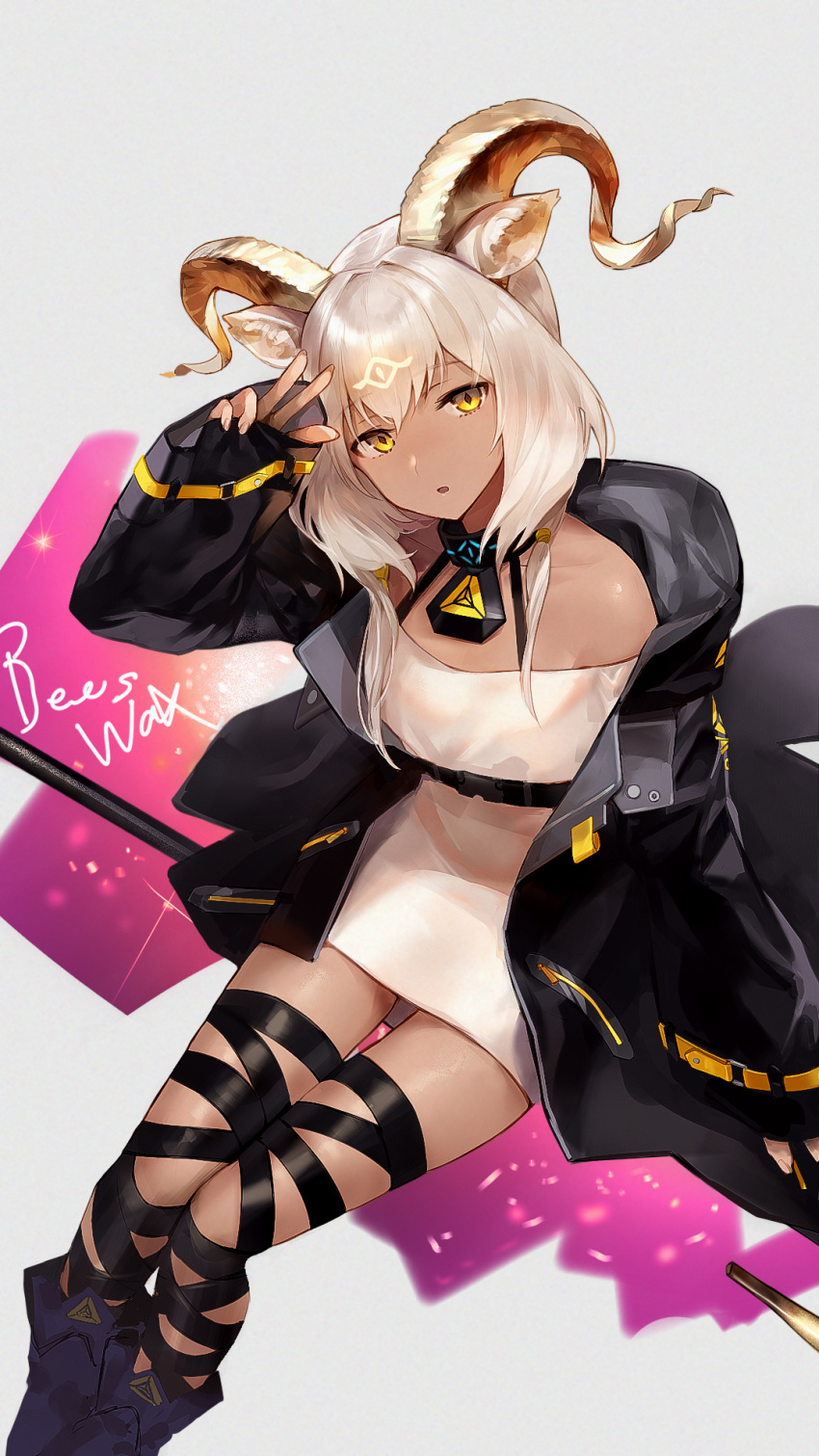 1girl :o animal_ears arknights bare_shoulders beeswax_(arknights) black_jacket black_ribbon character_name commentary_request dark_skin dark-skinned_female dress feet_out_of_frame goat_ears goat_horns gold_horns highres hood hood_down horns infection_monitor_(arknights) ink. jacket leg_ribbon looking_at_viewer medium_hair off-shoulder_dress off_shoulder open_clothes open_jacket open_mouth ribbon salute short_dress simple_background sitting solo white_dress white_hair yellow_eyes