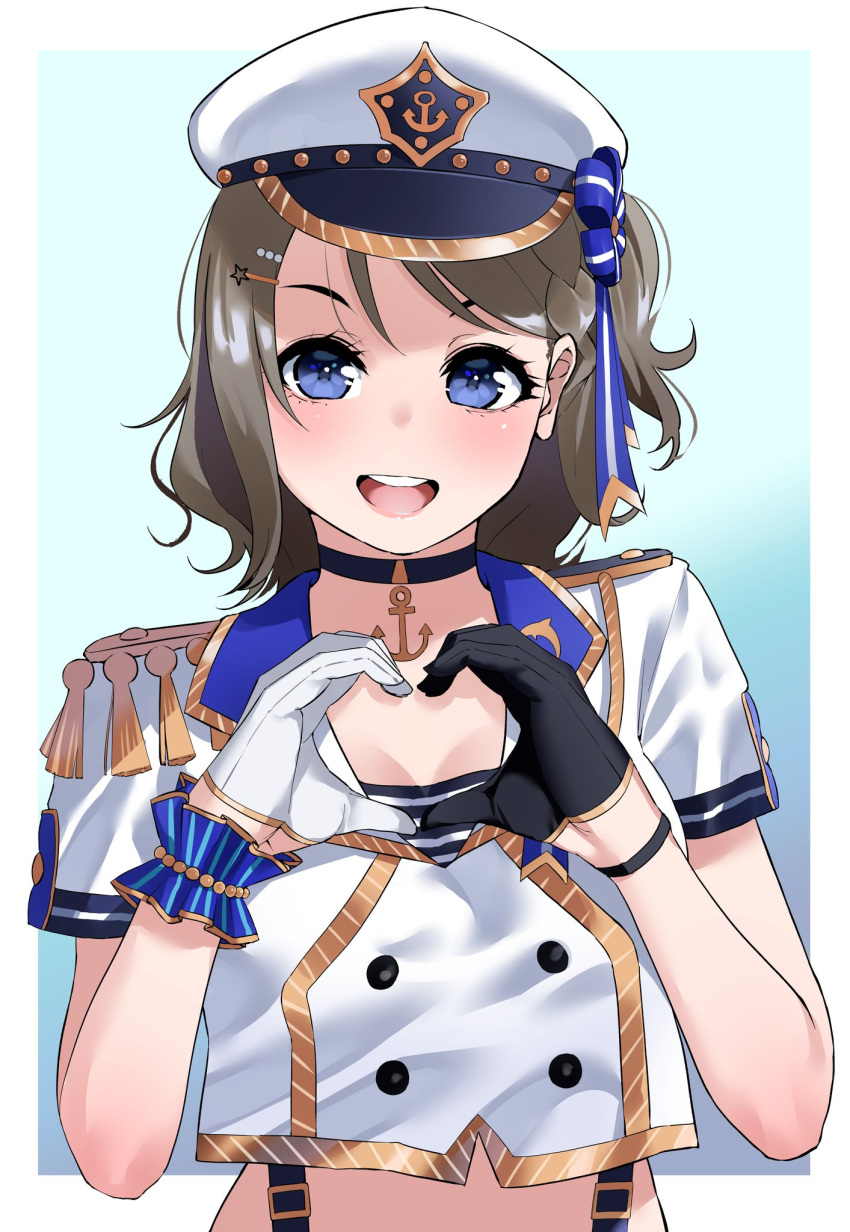 1girl :d anchor_choker black_choker black_gloves blue_background blue_eyes border brown_hair buttons choker cropped_shirt double-breasted epaulettes gloves hair_ornament hairclip half_gloves hat highres igarashi_kyouhei looking_at_viewer love_live! love_live!_sunshine!! mismatched_gloves one_side_up open_mouth shirt simple_background smile solo star_(symbol) star_hair_ornament watanabe_you white_border white_gloves white_headwear white_shirt