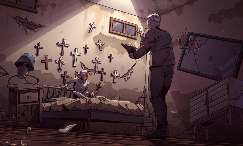 1boy 1other bed black_jacket broken_glass broken_mirror chest_of_drawers cross cuffs exorcism faith_(game) father_garcia glass indoors jacket lamp male_focus on_bed pants priest restrained sanatorium_industries shackles shoes short_hair undercut white_hair