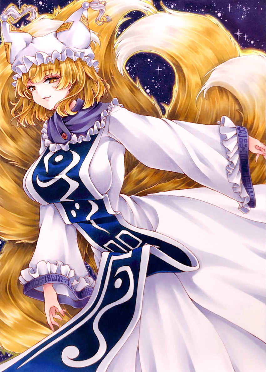 1girl aura bangs blonde_hair breasts dress eyebrows_visible_through_hair fingernails floating_hair fox_tail frilled_hat frilled_sleeves frills grin half-closed_eyes hat highres large_breasts long_sleeves looking_at_viewer looking_down marker_(medium) mktr_(princess_mktr) multiple_tails neck_ruff pillow_hat pink_nails shiny shiny_clothes short_hair sidelocks sky slit_pupils smile solo star_(sky) starry_sky tabard tail texture touhou traditional_media white_dress white_headwear wide_sleeves yakumo_ran yellow_eyes