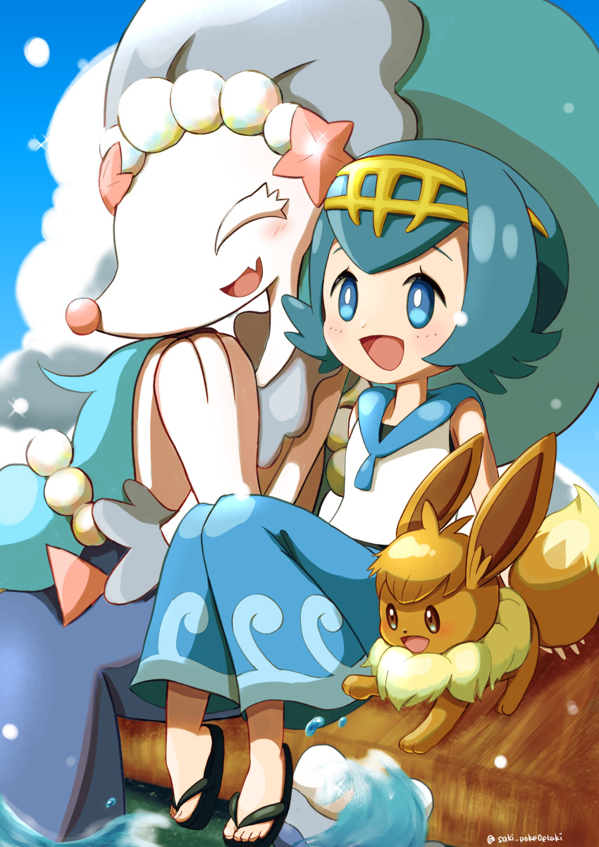 1girl :d absurdres bangs blue_eyes blue_pants blue_sailor_collar blush commentary_request day eevee eyelashes gen_1_pokemon gen_7_pokemon hairband highres knees_together lana_(pokemon) open_mouth outdoors pants pokemon pokemon_(anime) pokemon_(creature) pokemon_sm_(anime) primarina sailor_collar saki_pokeoekaki sandals shirt short_hair sitting sky sleeveless sleeveless_shirt smile toes tongue water water_drop white_shirt yellow_hairband