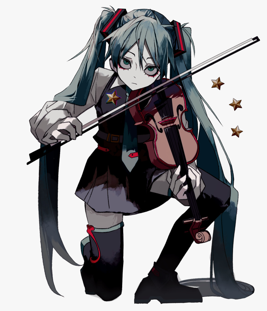 1girl bangs belt blank_stare blue_hair boots bow_(music) closed_mouth collared_shirt colored_skin dress empty_eyes expressionless green_eyes hair_ornament hatsune_miku hemostatic highres holding holding_instrument instrument long_hair long_sleeves music necktie one_knee playing_instrument pleated_dress shirt short_dress sleeveless sleeveless_dress solo star_(symbol) thigh-highs thigh_boots tie_clip twintails very_long_hair vocaloid white_skin