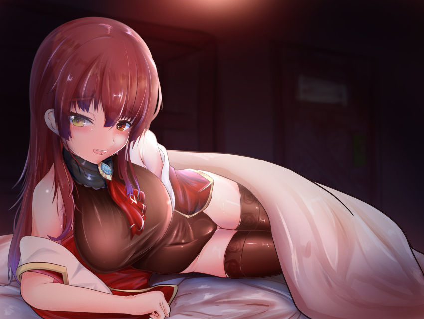 1girl absurdres bangs bed blush breasts heterochromia highres hololive houshou_marine large_breasts leotard long_hair looking_at_viewer open_mouth red_eyes redhead smile solo twintails virtual_youtuber yellow_eyes