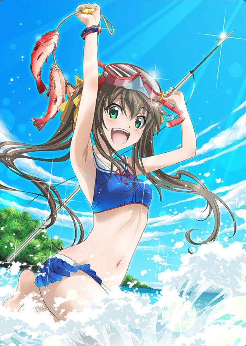 1girl absurdres artist_request bikini bikini_skirt blue_bikini blue_sky breasts brown_hair clouds day diving_mask diving_mask_on_head fang fish goggles goggles_on_head green_eyes hair_ribbon harpoon highres huang_lingyin infinite_stratos long_hair looking_at_viewer navel official_art open_mouth outdoors ribbon sailor_bikini sailor_collar sky small_breasts solo splashing swimsuit third-party_source twintails upper_teeth water