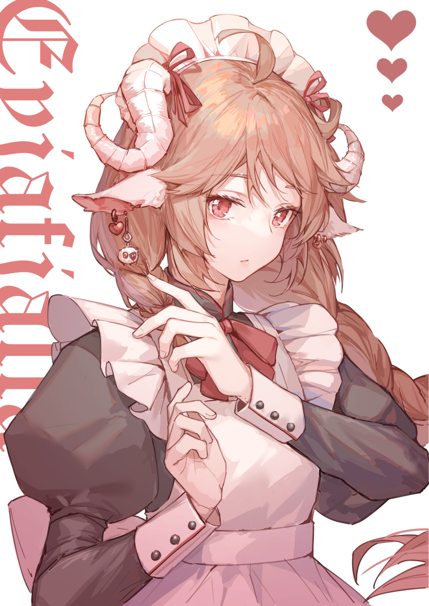 1girl absurdres adjusting_hair ahoge animal_ears apron arknights black_dress bow braid brown_hair character_name chinese_commentary dress ear_piercing eyjafjalla_(arknights) heart highres horns kotatsu_kaya long_hair looking_at_viewer maid maid_apron maid_headdress neck_ribbon piercing red_bow red_eyes red_neckwear red_ribbon ribbon sheep_ears sheep_girl sheep_horns solo upper_body white_background