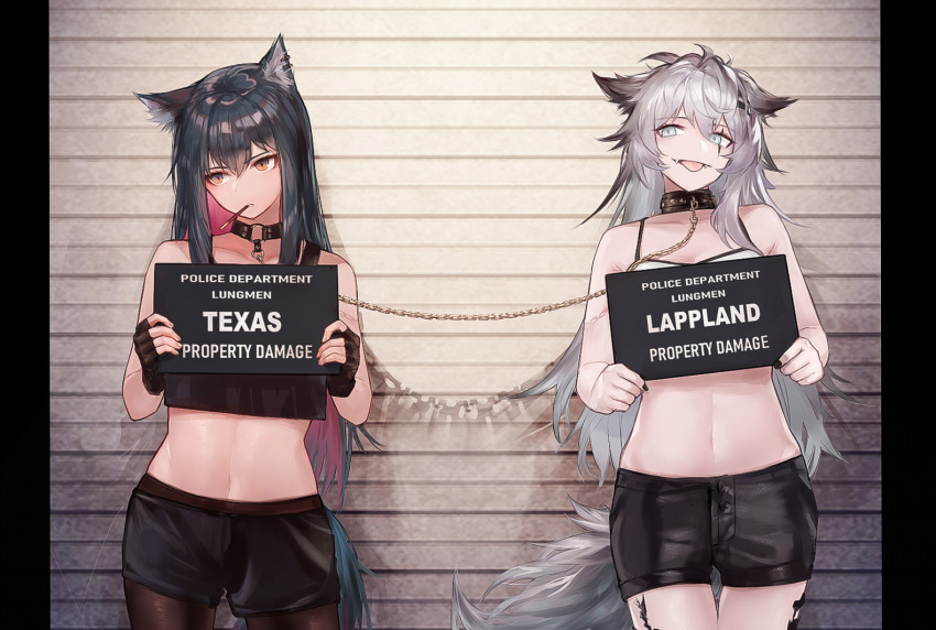 2girls :p animal_ear_fluff animal_ears arknights bangs black_hair black_nails brown_eyes chain choker commentary_request cowboy_shot crop_top eyebrows_visible_through_hair fangs fingerless_gloves food gloves grey_eyes hair_between_eyes hair_ornament hairclip holding ink. lappland_(arknights) linked_collar long_hair looking_away midriff mouth_hold mugshot multicolored_hair multiple_girls navel pocky redhead scar scar_across_eye shorts silver_hair sleeveless smile stomach tail texas_(arknights) tongue tongue_out two-tone_hair wolf_ears