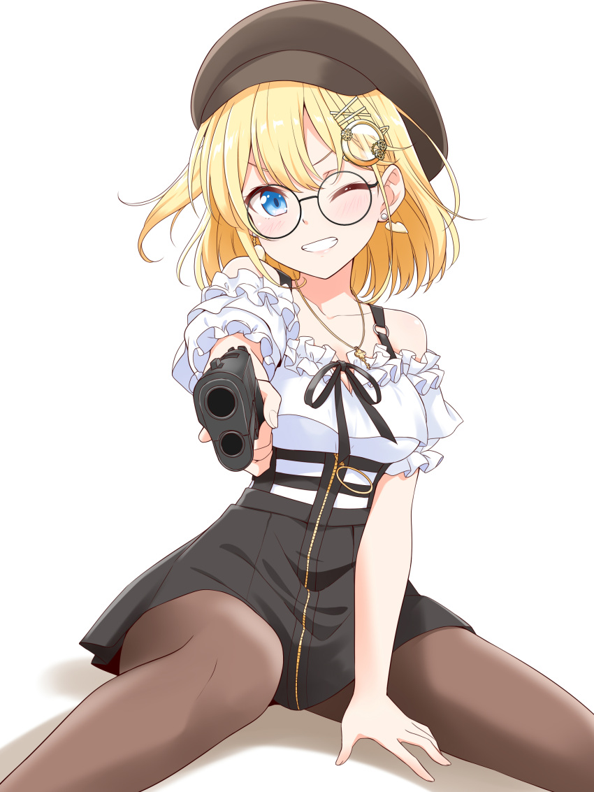 1girl absurdres aiming_at_viewer asymmetrical_hair between_legs black-framed_eyewear black_headwear black_legwear black_skirt blonde_hair blue_eyes blush breasts cabbie_hat collarbone commentary earrings english_commentary feet_out_of_frame felutiahime frilled_shirt frills gear_hair_ornament glasses grin gun hair_ornament hairclip hand_between_legs handgun hat heart heart_earrings highres holding holding_gun holding_weapon hololive hololive_english jewelry key_necklace looking_at_viewer magnifying_glass medium_breasts miniskirt necklace off-shoulder_shirt off_shoulder one_eye_closed pantyhose pistol round_eyewear shirt shirt_tucked_in short_hair side_ponytail simple_background sitting skirt smile solo spread_legs suspender_skirt suspenders teeth virtual_youtuber watson_amelia weapon white_background white_shirt zipper zipper_skirt