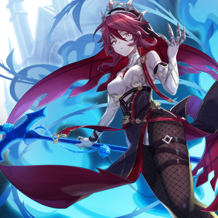 1girl bare_shoulders breasts brown_legwear claw_ring closed_mouth commentary_request elbow_gloves fishnet_legwear fishnets genshin_impact gloves habit high_collar highres holding holding_spear holding_weapon medium_breasts nakamuraryou nun pale_skin pantyhose pelvic_curtain polearm purple_hair red_eyes rosaria_(genshin_impact) short_hair solo spear thigh_strap weapon white_gloves