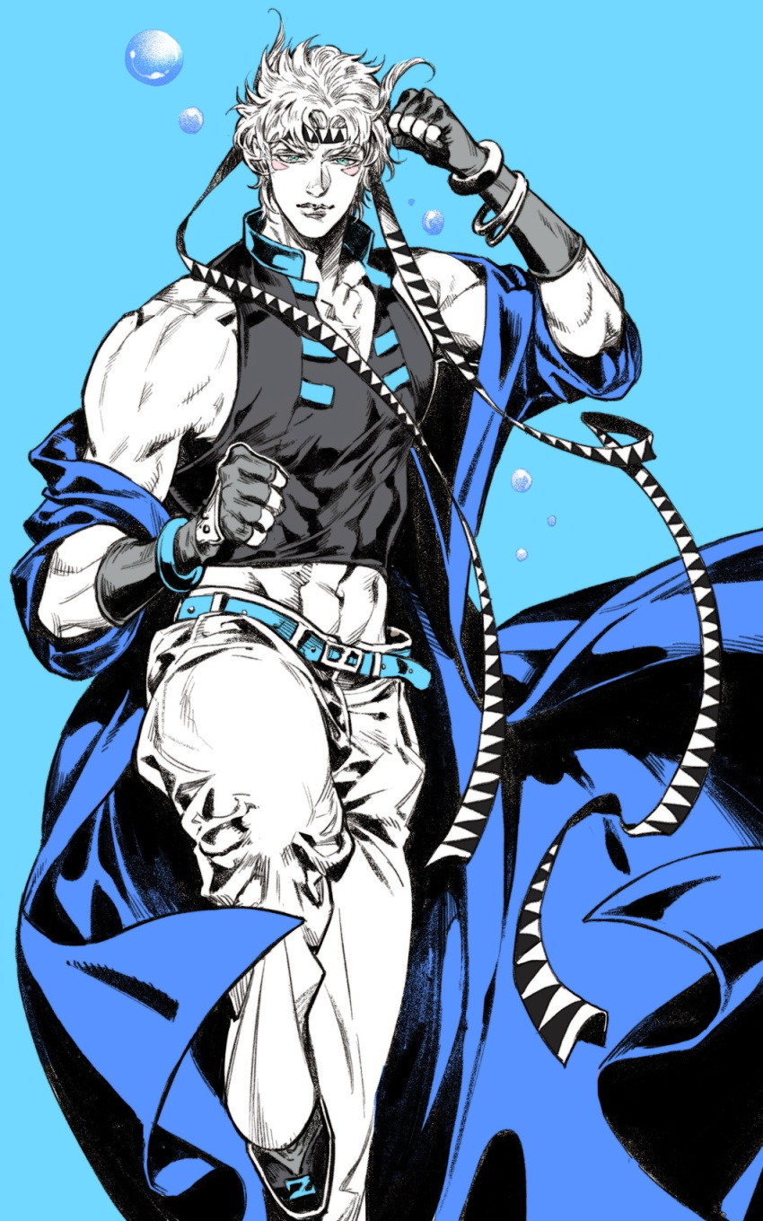 1boy arm_up bangle battle_tendency belt birthday blue_background blue_belt blue_coat blue_theme bracelet bubble caesar_anthonio_zeppeli chiamo_(lmc_clm) chinese_commentary clenched_hands closed_mouth coat commentary_request crop_top facial_mark feathers fingerless_gloves foot_out_of_frame gloves green_eyes hair_feathers hand_up headband highres jewelry jojo_no_kimyou_na_bouken leg_up limited_palette long_coat looking_at_viewer male_focus midriff muscular muscular_male navel pants partially_colored short_hair simple_background sleeveless solo triangle_print v-neck