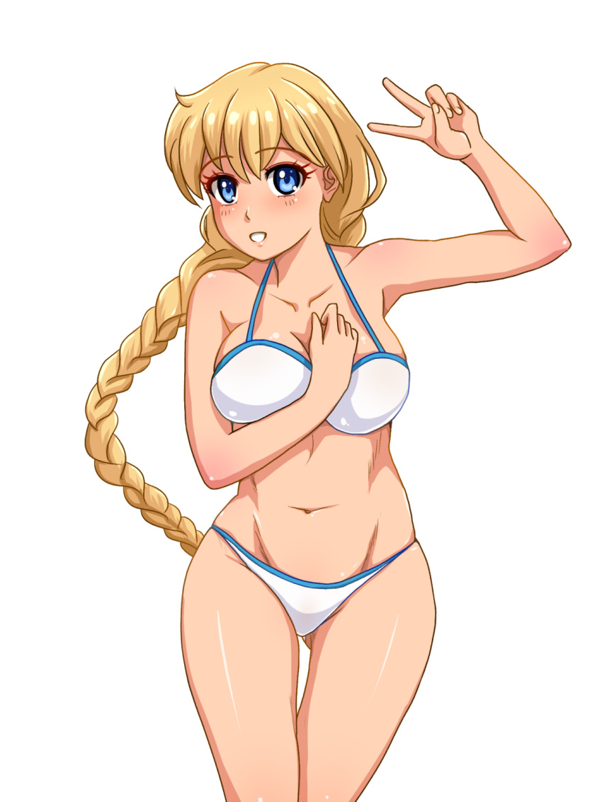 1girl :d ass_visible_through_thighs bangs bare_shoulders bikini blonde_hair blue_eyes braid breasts commentary cowboy_shot english_commentary everlasting_summer eyebrows_visible_through_hair hand_on_own_chest hand_up highres huyase large_breasts long_hair looking_at_viewer navel open_mouth simple_background slavya-chan smile solo stomach swimsuit thigh_gap v very_long_hair white_background white_bikini