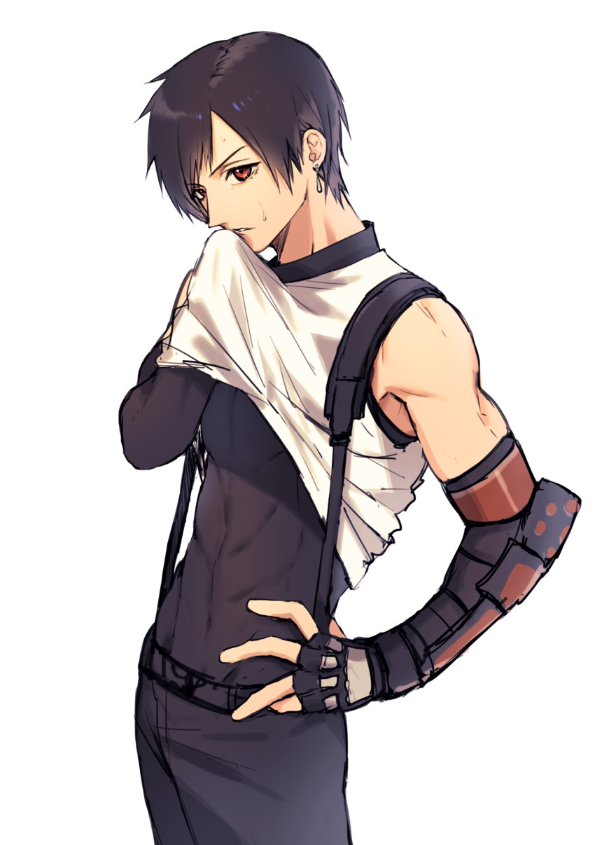 1boy ah_yoshimizu bare_shoulders black_gloves black_hair black_legwear black_undershirt cowboy_shot earrings elbow_gloves final_fantasy final_fantasy_vii fingerless_gloves genderswap genderswap_(ftm) gloves hand_on_hip highres jewelry male_focus pants shirt_lift short_hair simple_background solo tank_top tifa_lockhart toned toned_male undershirt white_background white_tank_top