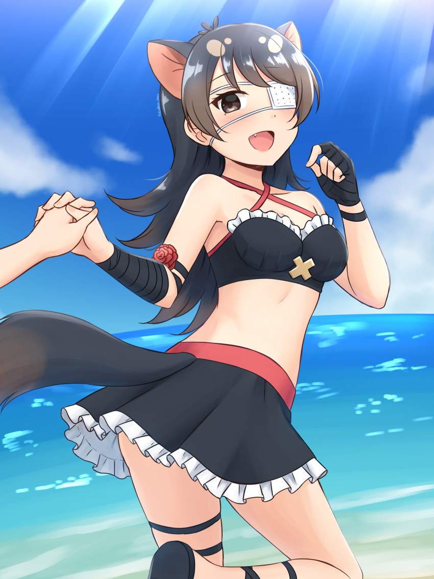 1girl :d absurdres australian_devil_(kemono_friends) bare_shoulders beach black_eyes black_hair black_skirt blush breasts commentary day eyepatch fang frilled_skirt frills halterneck hand_wraps highres holding_hands interlocked_fingers kemono_friends long_hair looking_at_viewer medical_eyepatch medium_breasts midriff open_mouth out_of_frame outdoors shiraha_maru skirt smile solo_focus sunlight tasmanian_devil_ears tasmanian_devil_tail thigh_strap twisted_torso twitter_username wrist_wrap