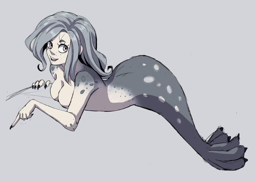 1girl bangs black_nails breasts cheer_(cheerkitty14) collarbone colored_skin commission english_commentary full_body grey_background grey_eyes grey_skin highres long_hair looking_at_viewer mermaid monochrome monster_girl nail_polish open_mouth original simple_background smile solo