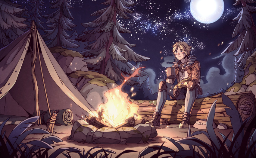 1boy blonde_hair blush camp campfire clouds cup ezreal facial_mark fire fur-trimmed_jacket fur_trim goggles holding holding_cup jacket knee_pads league_of_legends log male_focus moon moss mushroom night night_sky outdoors pants rock sanatorium_industries shoes short_hair sitting sky solo star_(sky) tent tree
