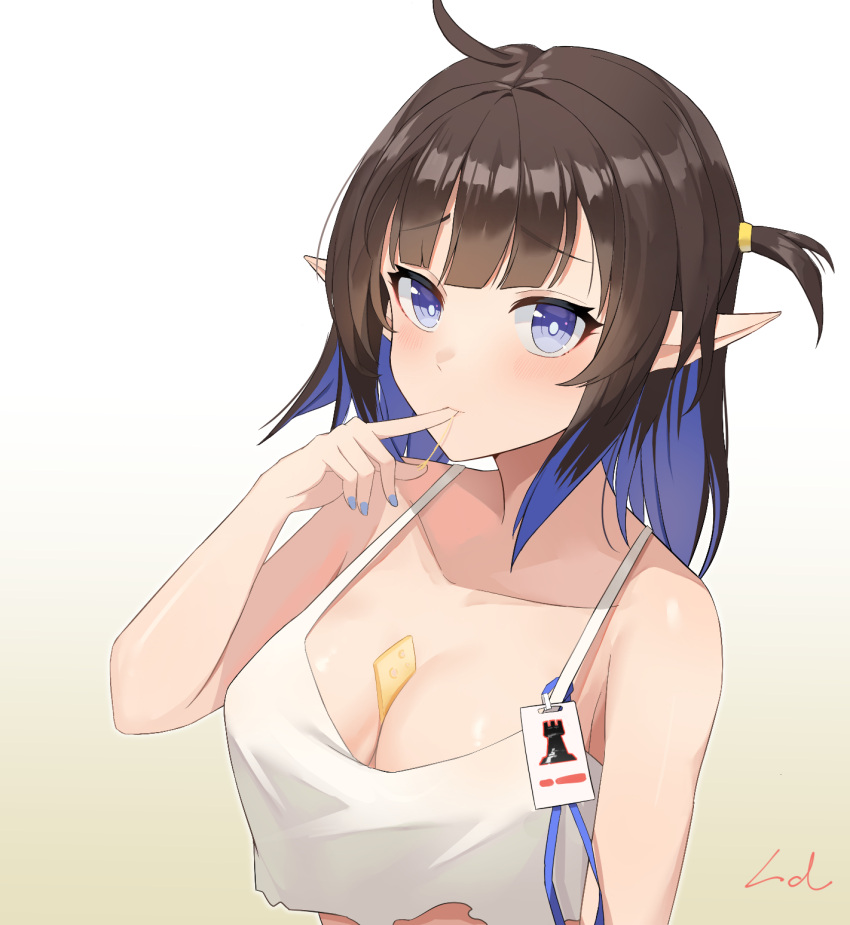 1girl ahoge arknights bangs bare_arms bare_shoulders beige_background between_breasts black_hair blue_eyes blue_hair blue_nails blush breasts camisole cheese commentary_request crop_top crop_top_overhang eunectes_(arknights) eunectes_(forgemaster)_(arknights) eyebrows_visible_through_hair finger_in_mouth food food_between_breasts gradient gradient_background hand_up highres large_breasts looking_at_viewer multicolored_hair nail_polish one_side_up pointy_ears rinfuyu_(user_evju4752) short_hair solo spaghetti_strap upper_body white_background