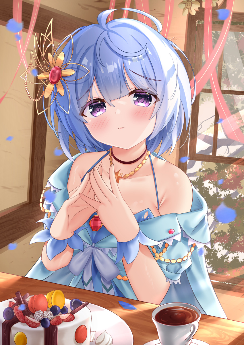 1girl blue_hair blue_shirt blush bow cake closed_mouth commission cup flower_knight_girl food fruit hair_ornament highres hiyada_yuu ipheion_(flower_knight_girl) jewelry looking_at_viewer macaron necklace plate shirt short_hair sitting skeb_commission solo spaghetti_strap steepled_fingers strawberry table tea teacup upper_body violet_eyes white_bow window