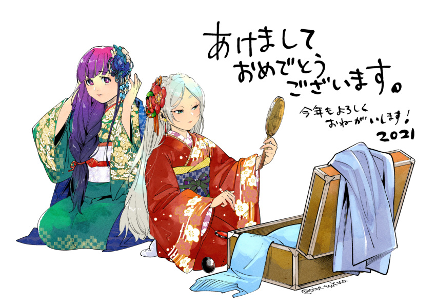 2girls abe_tsukasa braid dated fern_(sousou_no_frieren) flower flower_ornament frieren green_eyes green_kimono grey_hair hair_flower hair_ornament hand_mirror japanese_clothes kimono long_hair looking_at_mirror mirror multiple_girls obi purple_hair red_kimono sash seiza signature sitting sousou_no_frieren suitcase twitter_username violet_eyes