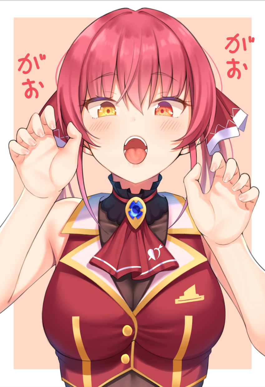 1girl bangs beige_background blush border breasts claw_pose commentary_request eyebrows_visible_through_hair gao h3po4_chiba hair_ribbon heterochromia highres hololive houshou_marine large_breasts long_hair looking_at_viewer open_mouth outside_border red_eyes redhead ribbon smile solo translated twintails virtual_youtuber white_border yellow_eyes