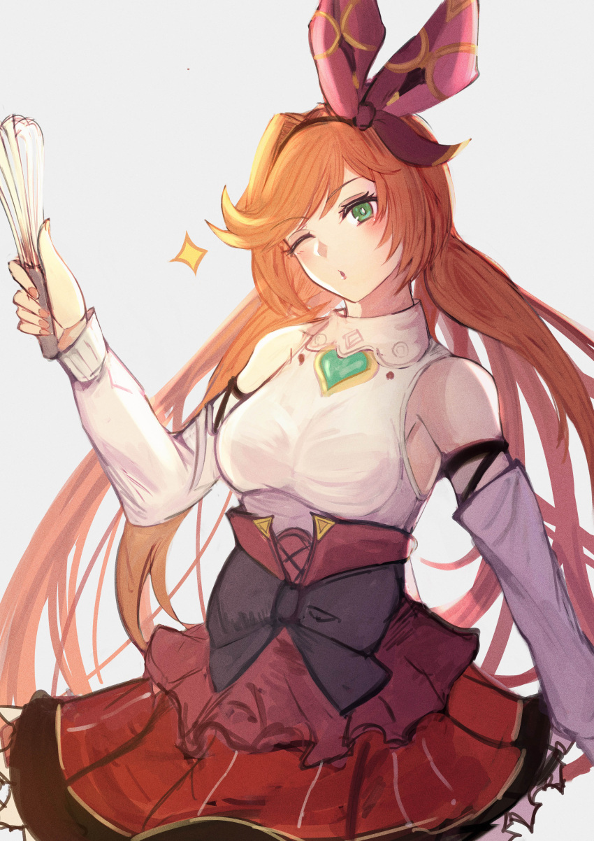 1girl absurdres black_bow bow breasts cero421 clarisse_(granblue_fantasy) detached_sleeves fan granblue_fantasy green_eyes grey_background hair_ribbon highres holding holding_fan long_hair looking_at_viewer medium_breasts miniskirt one_eye_closed orange_hair ponytail red_skirt ribbon simple_background skirt solo very_long_hair