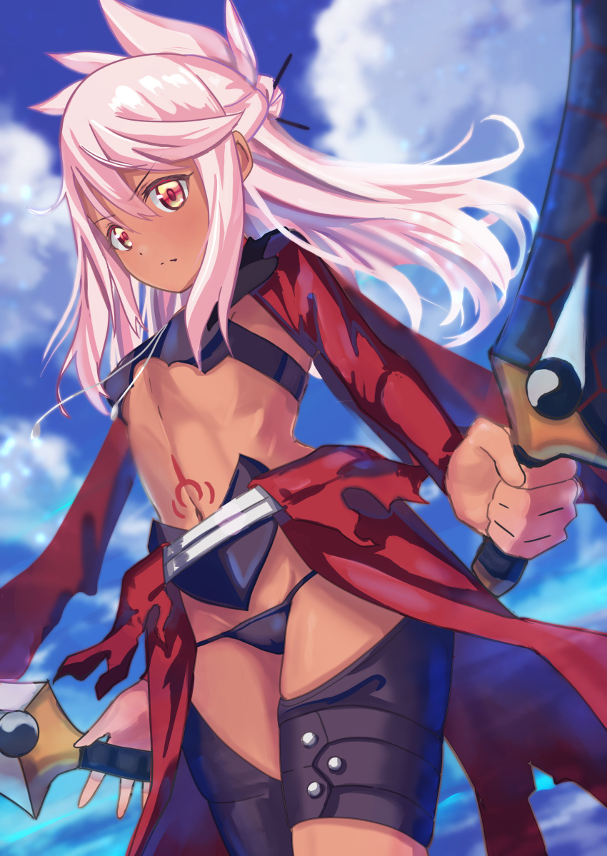 1girl absurdres armor bangs black_panties blue_sky blush breastplate breasts bridal_gauntlets cape chloe_von_einzbern dark_skin dark-skinned_female dual_wielding fate/kaleid_liner_prisma_illya fate_(series) hair_between_eyes hair_bun hair_ornament hairpin half_updo highres holding kanshou_&amp;_bakuya_(fate) long_hair long_sleeves looking_at_viewer navel orange_eyes pan_korokorosuke panties pink_hair red_cape shrug_(clothing) sidelocks sky small_breasts stomach_tattoo sword tattoo thighs underwear waist_cape weapon